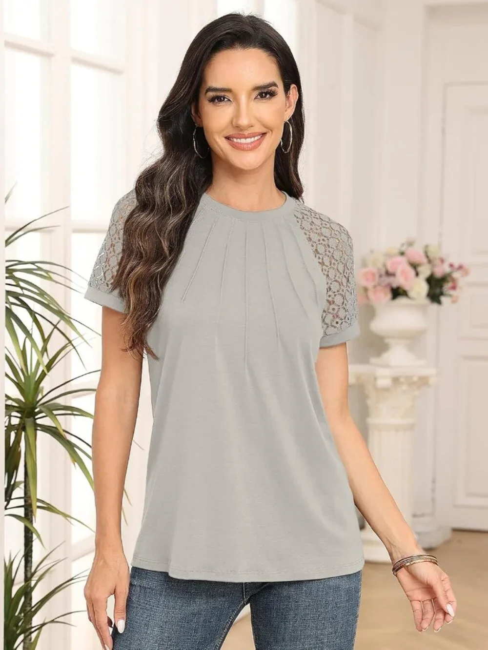 Women's Beige Cotton Lace Short Sleeve Soft Business Casual Summer Office Top - Picture 2 of 6